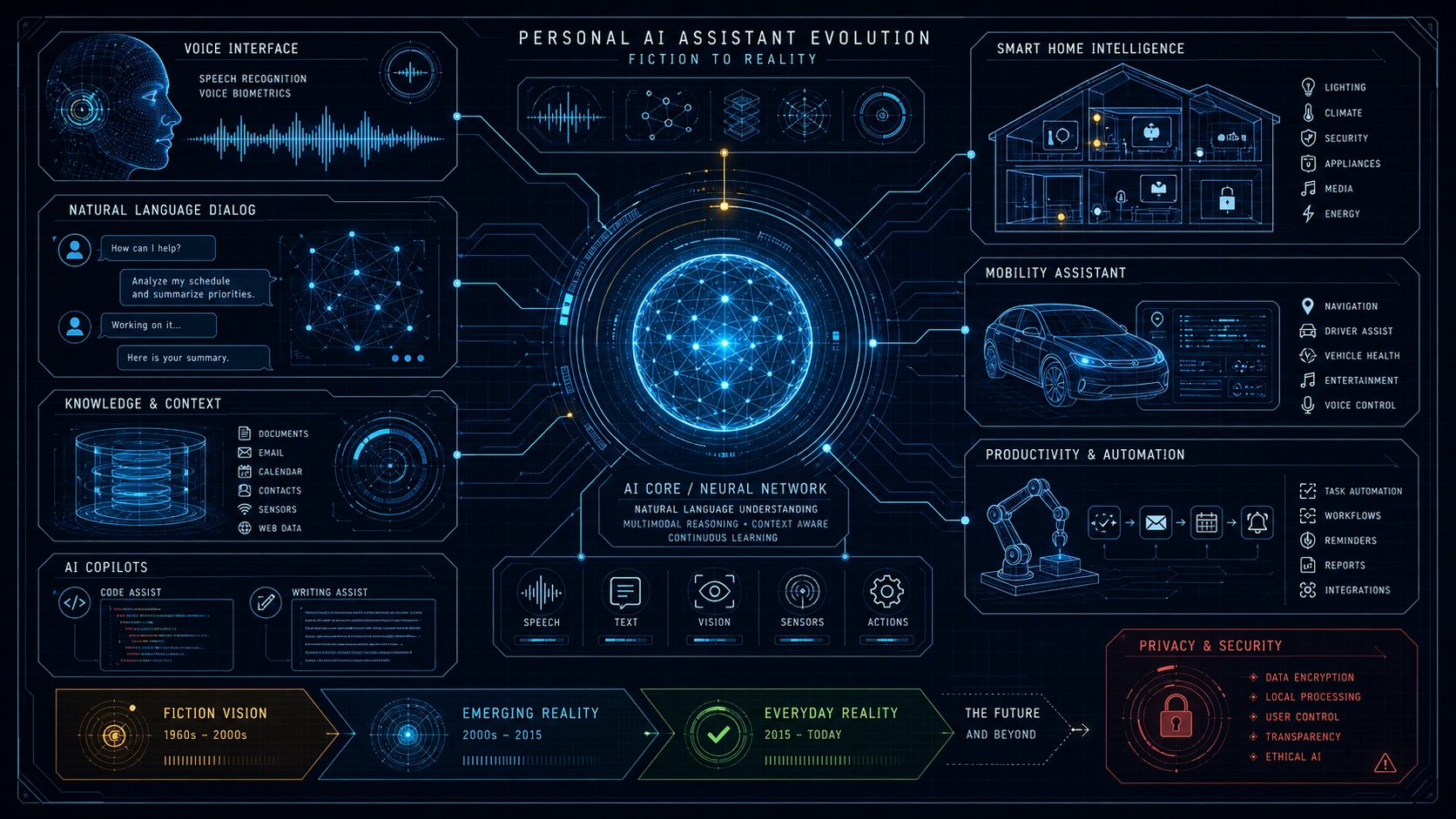 Personal AI assistant blueprint with voice, smart home, vehicle, and automation panels