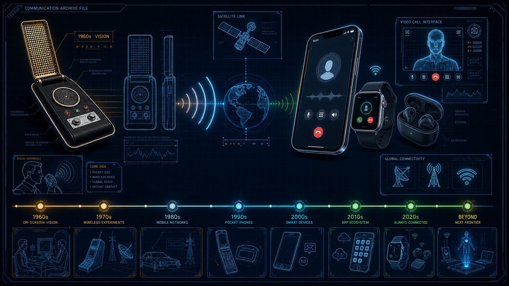 Wireless communicator to smartphone blueprint with satellite links and wearable devices