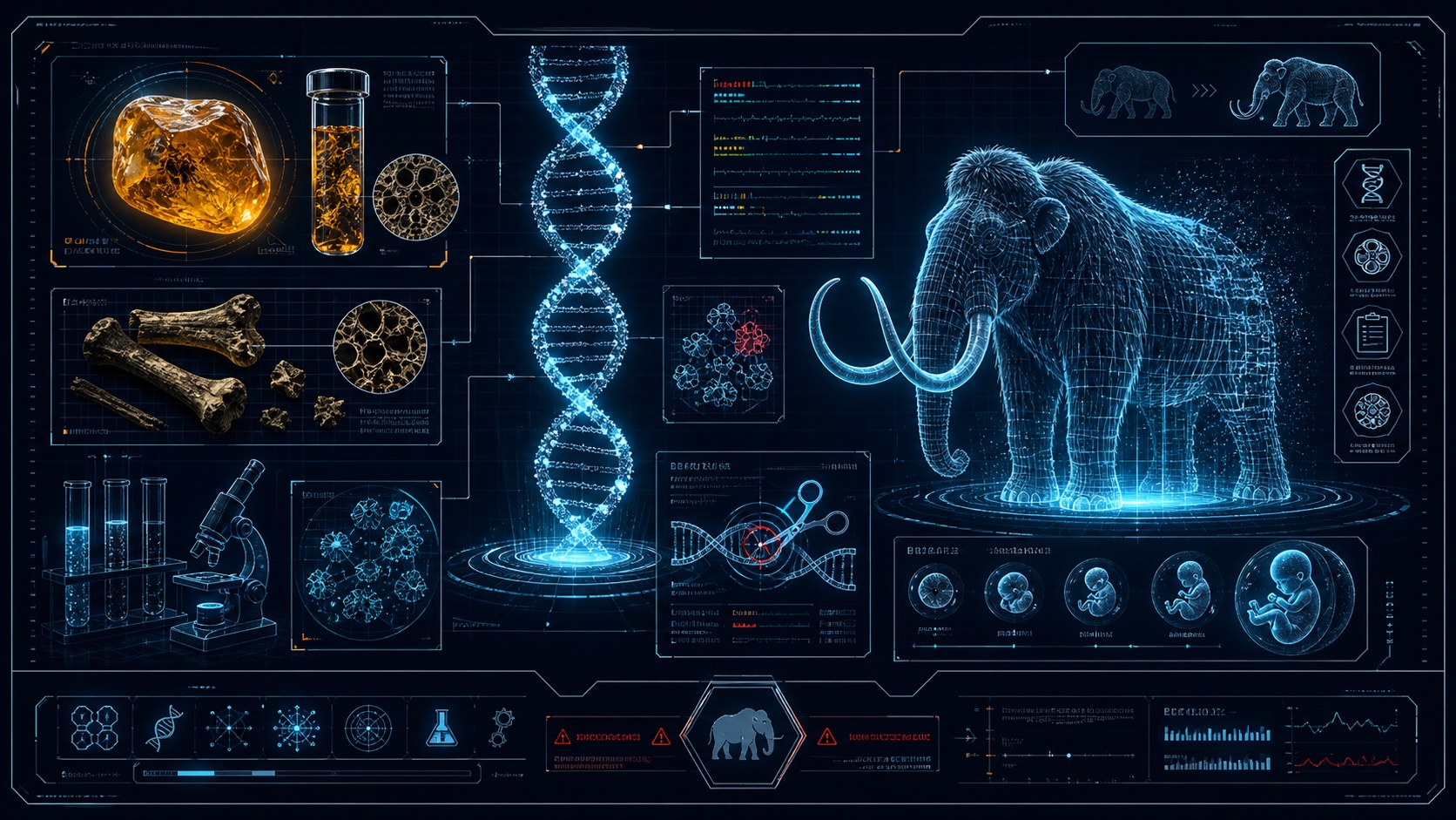 De-extinction DNA science blueprint with amber, DNA helix, and mammoth wireframe