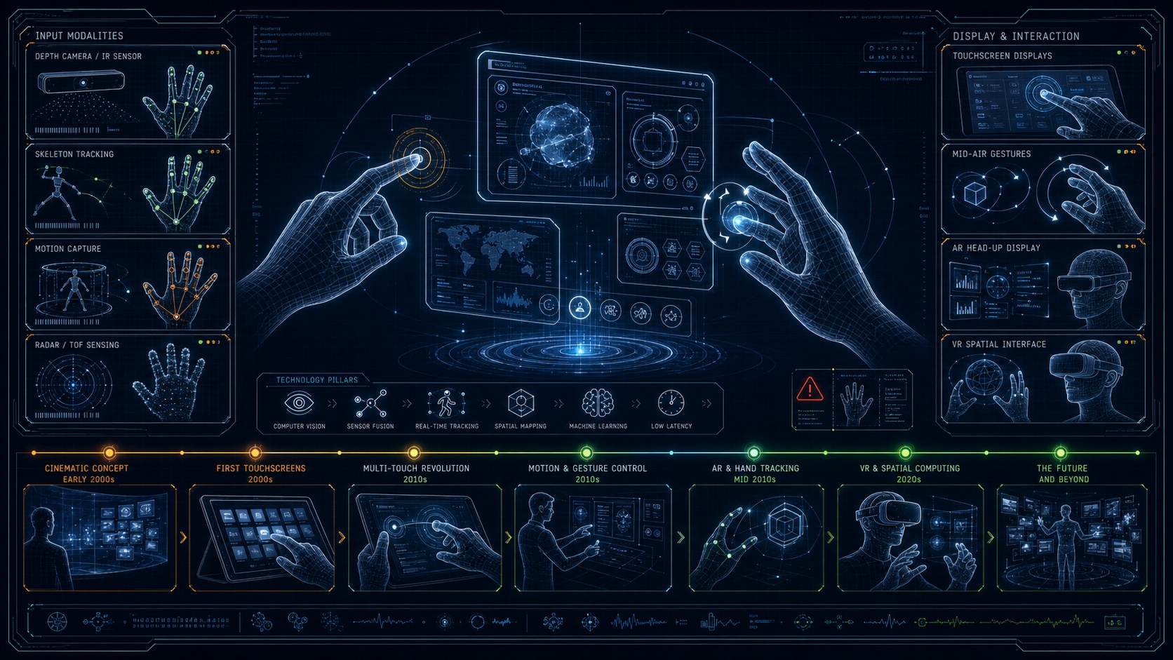 Gesture screen blueprint with hand tracking, floating interface panels, and AR VR controls