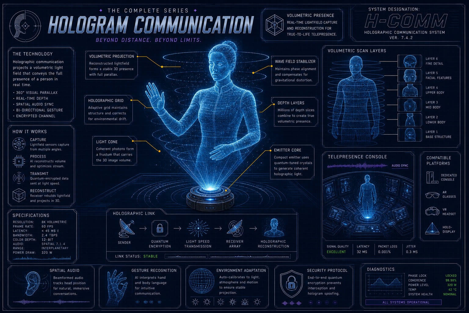 Hologram communication blueprint featuring a volumetric human projection, emitter platform, telepresence console, and projection layers