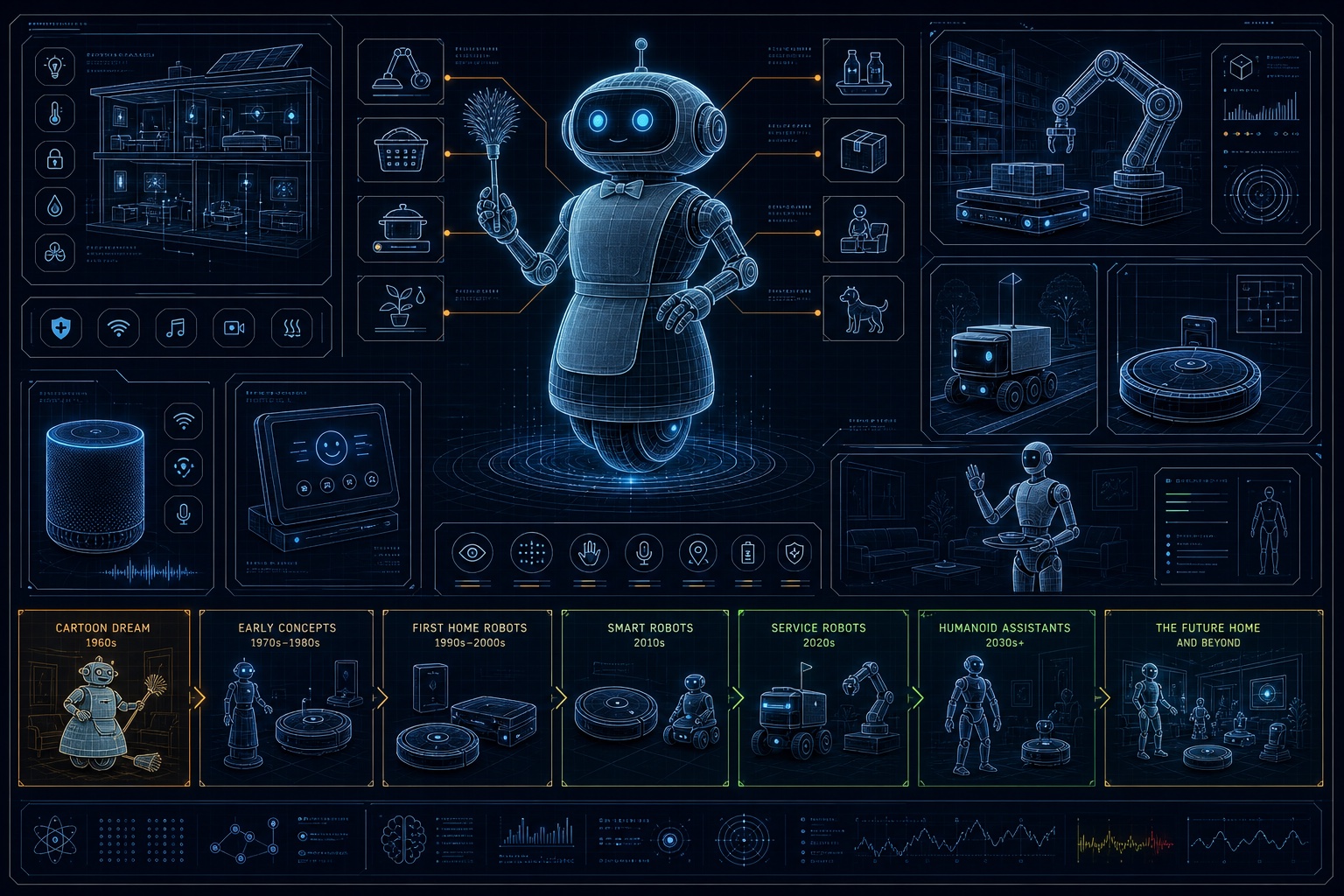 Household robot helper blueprint with domestic assistant, vacuum bot, delivery robot, and smart home task panels