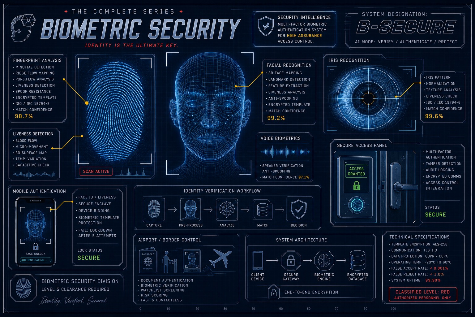 Biometric security blueprint featuring fingerprint scan, facial recognition map, iris scan, mobile unlock, and secure access panel