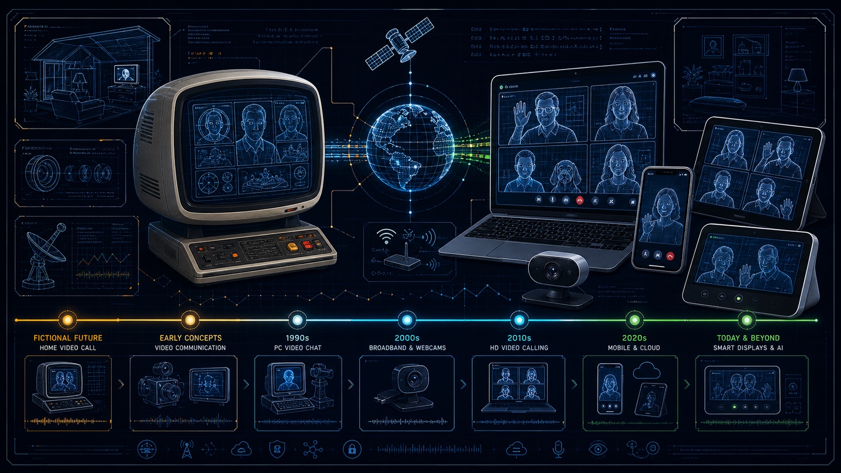 Video communication blueprint from retro home monitor to laptop, phone, and smart display calls